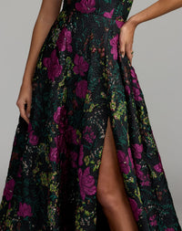 Mac Duggal 11919 black multi one shoulder brocade floral gown — detail