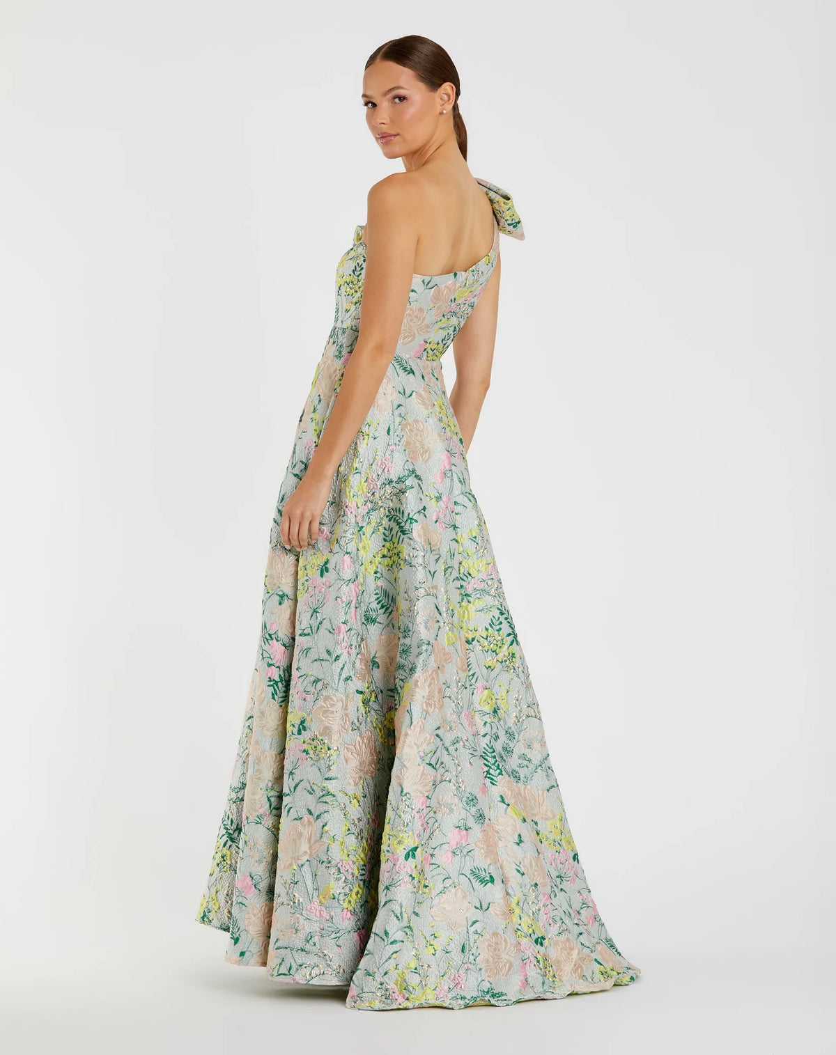Asymmetric Brocade Floral Dress - Pastel