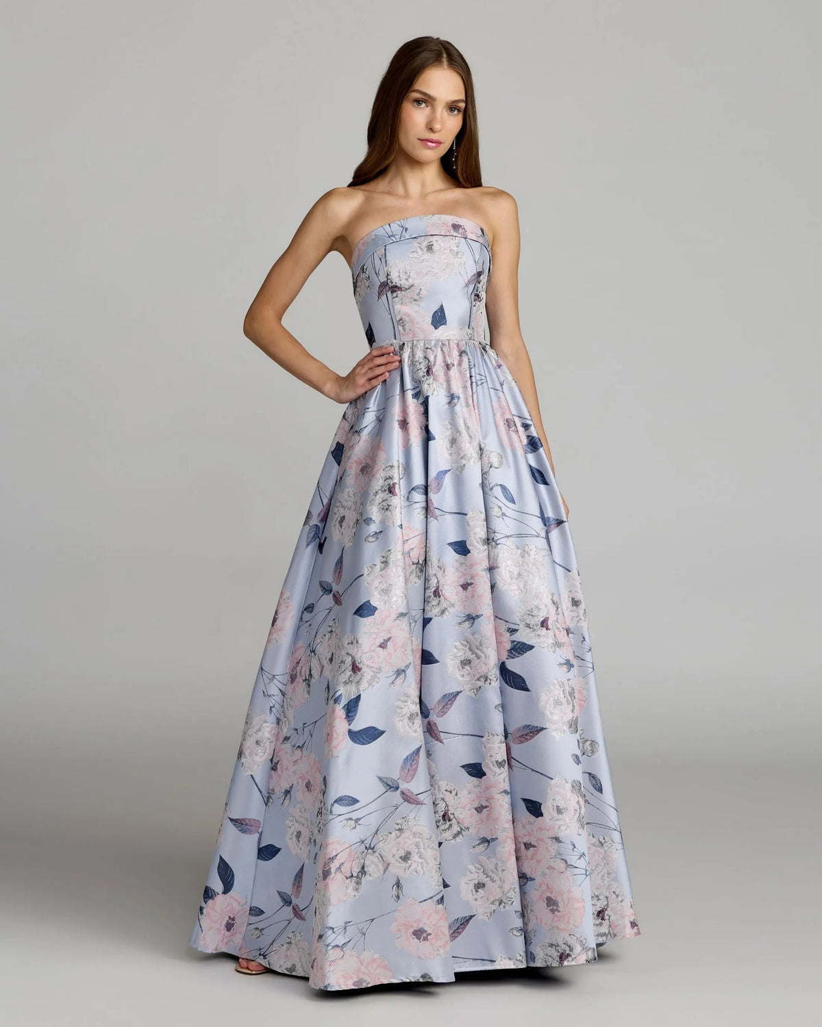 Mac Duggal 11921 Blue Multi floral brocade strapless ball gown - Front