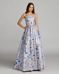 Mac Duggal 11921 Blue Multi floral brocade strapless ball gown - Front