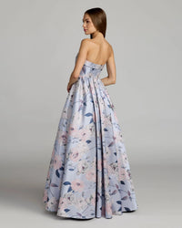 Mac Duggal 11921 Blue Multi floral brocade strapless ball gown - Back view