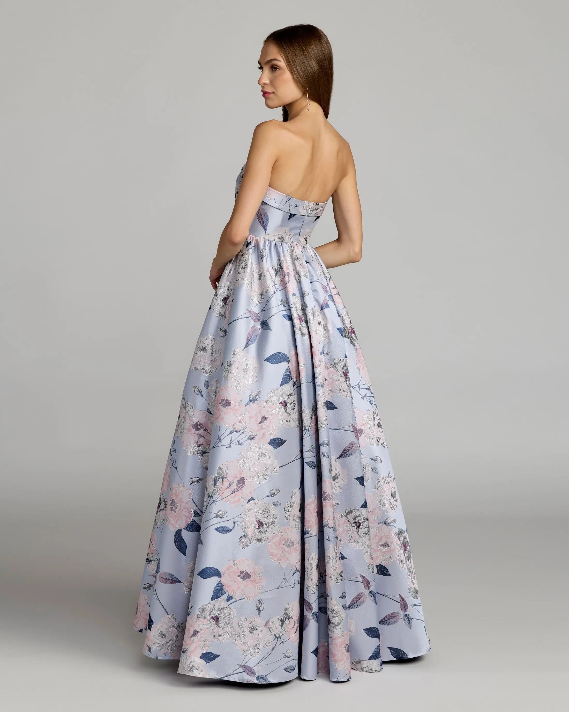 Mac Duggal 11921 Blue Multi floral brocade strapless ball gown - Back view