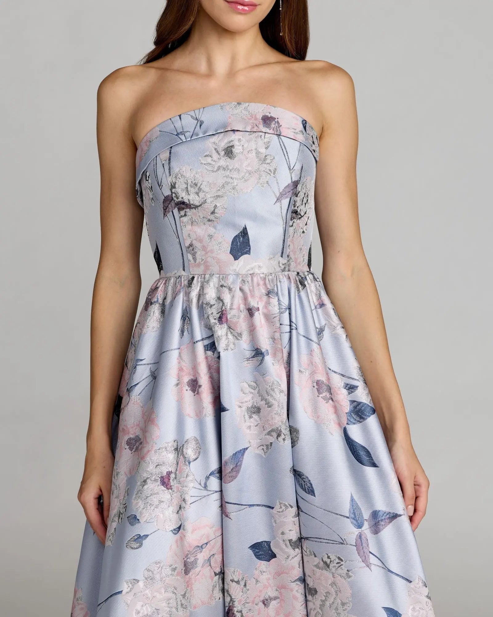 Mac Duggal 11921 Blue Multi floral brocade strapless ball gown - Close up detail