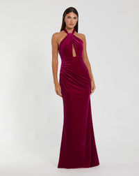 Mac Duggal #11924 Berry twist neck open front velvet draped gown