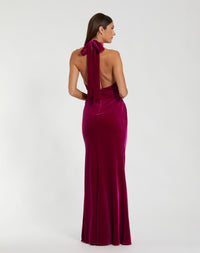 Mac Duggal #11924 Berry twist neck open front velvet draped gown