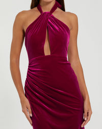 Mac Duggal #11924 Berry twist neck open front velvet draped gown