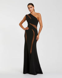 Mac Duggal #11933 black one shoulder crepe illusion cutout gown