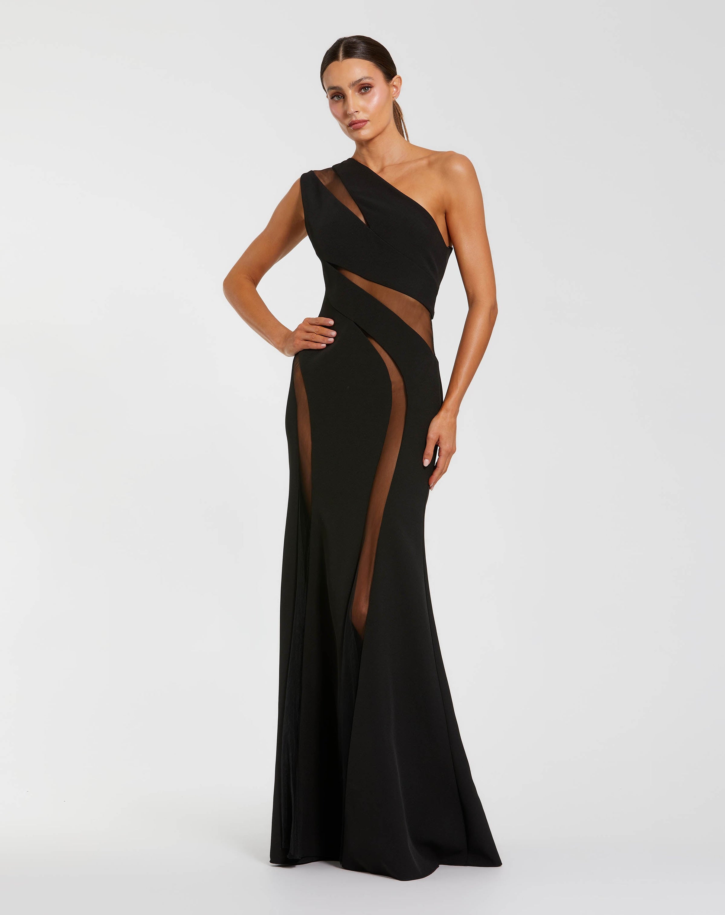 Mac Duggal #11933 black one shoulder crepe illusion cutout gown