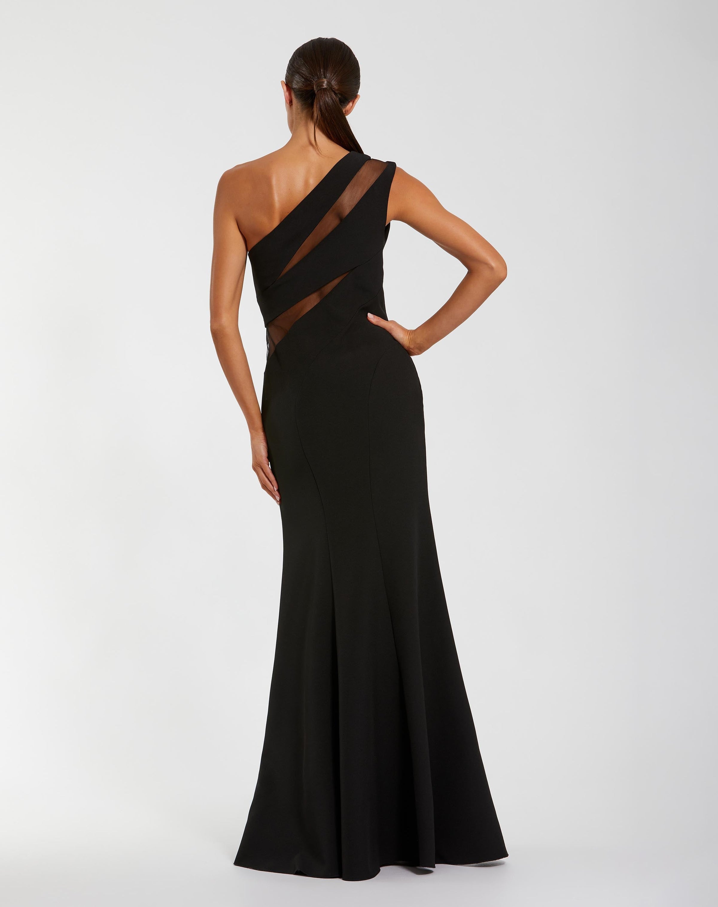 Mac Duggal #11933 black one shoulder illusion cutout gown back