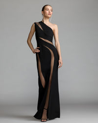 Mac Duggal #11933 black one shoulder crepe illusion cutout gown