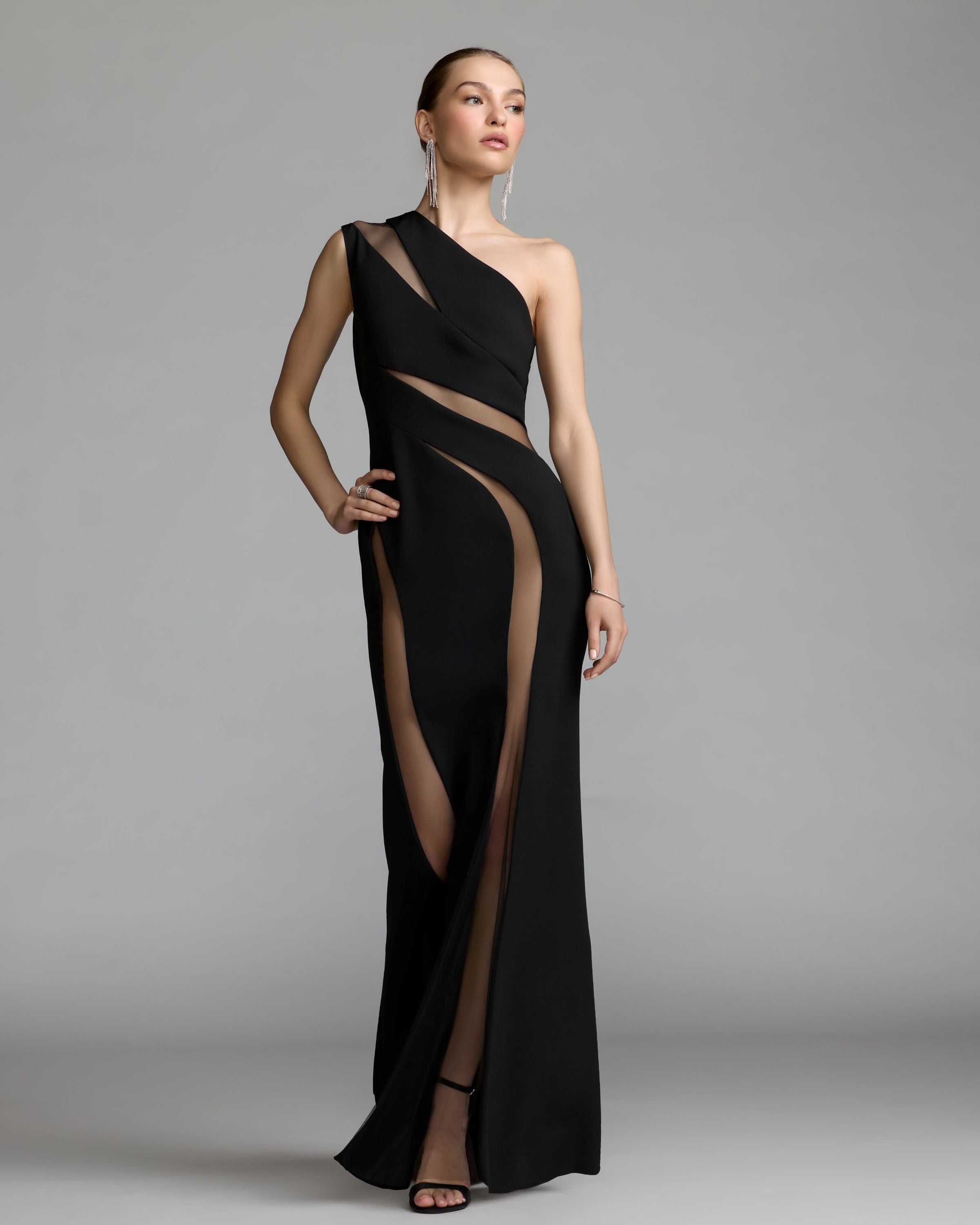 Mac Duggal #11933 black one shoulder crepe illusion cutout gown