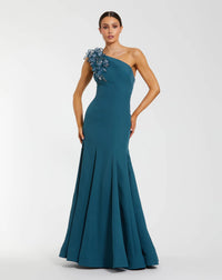 Mac Duggal Blue One Shoulder Mermaid Gown with 3D Flowers #11940 Ocean Blue 