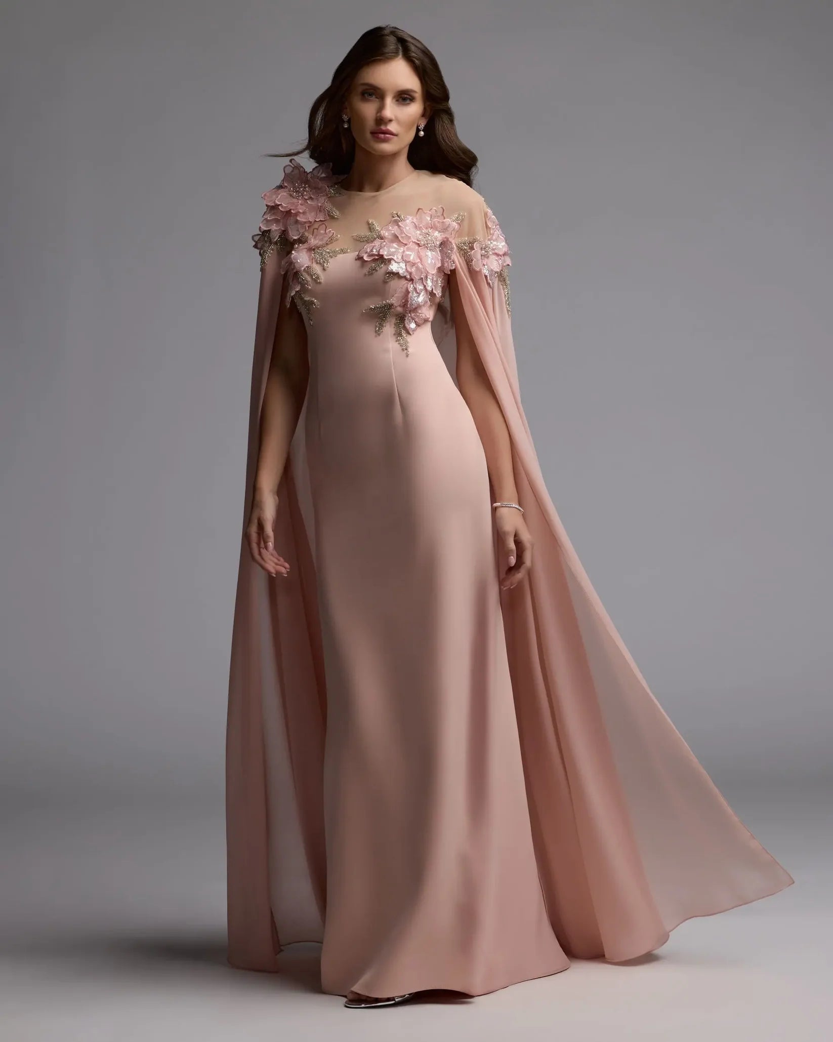 Mac Duggal Pink Embellished Crepe Gown With Chiffon Cape #11942 Blush