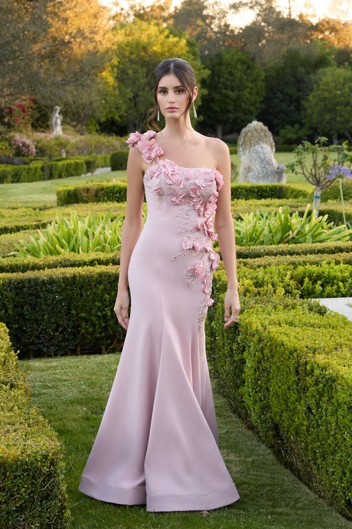 Pink One Shoulder Floral Embellished Mermaid Gown