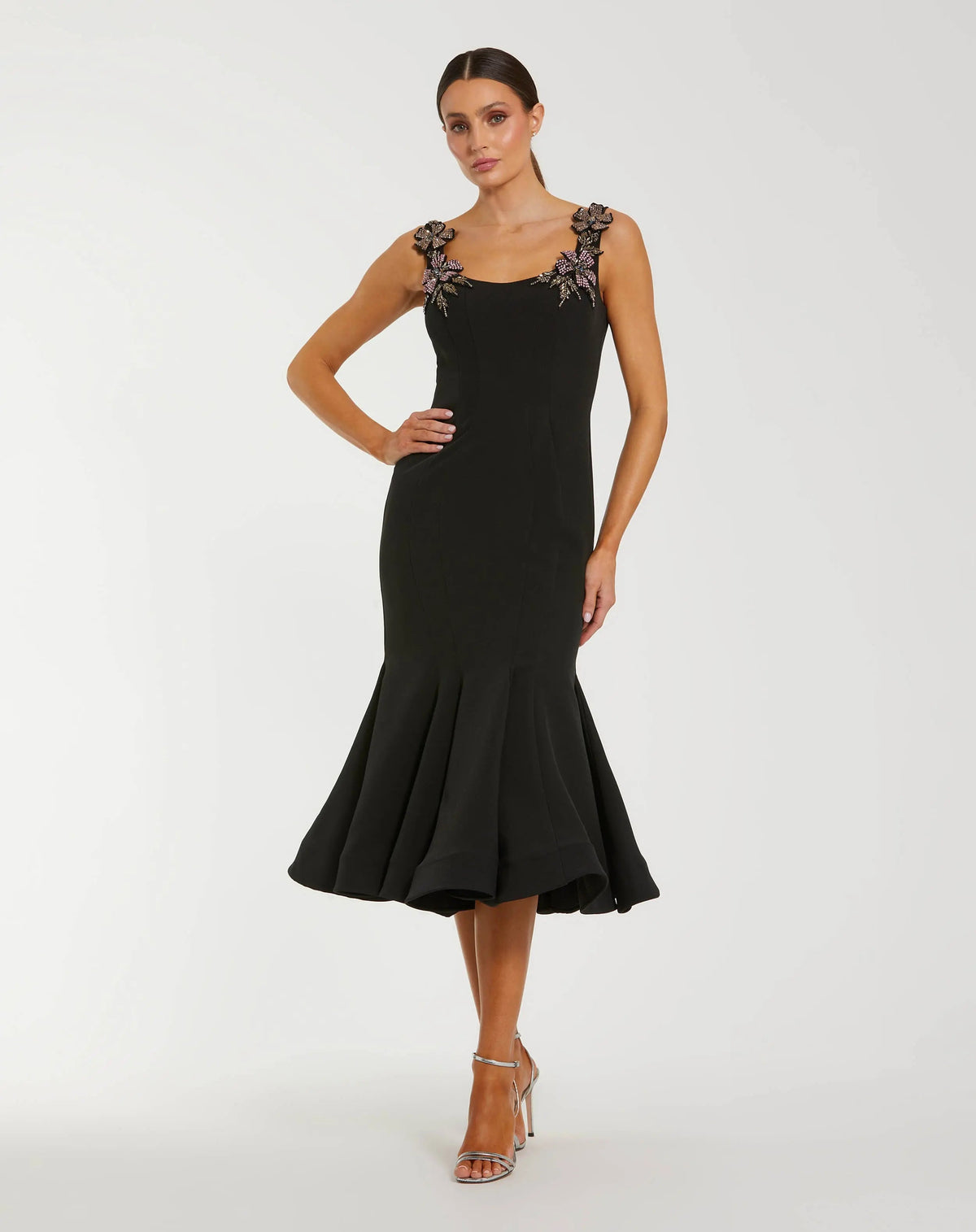 Mac Duggal #11948 black sleeveless midi dress with floral embellishments