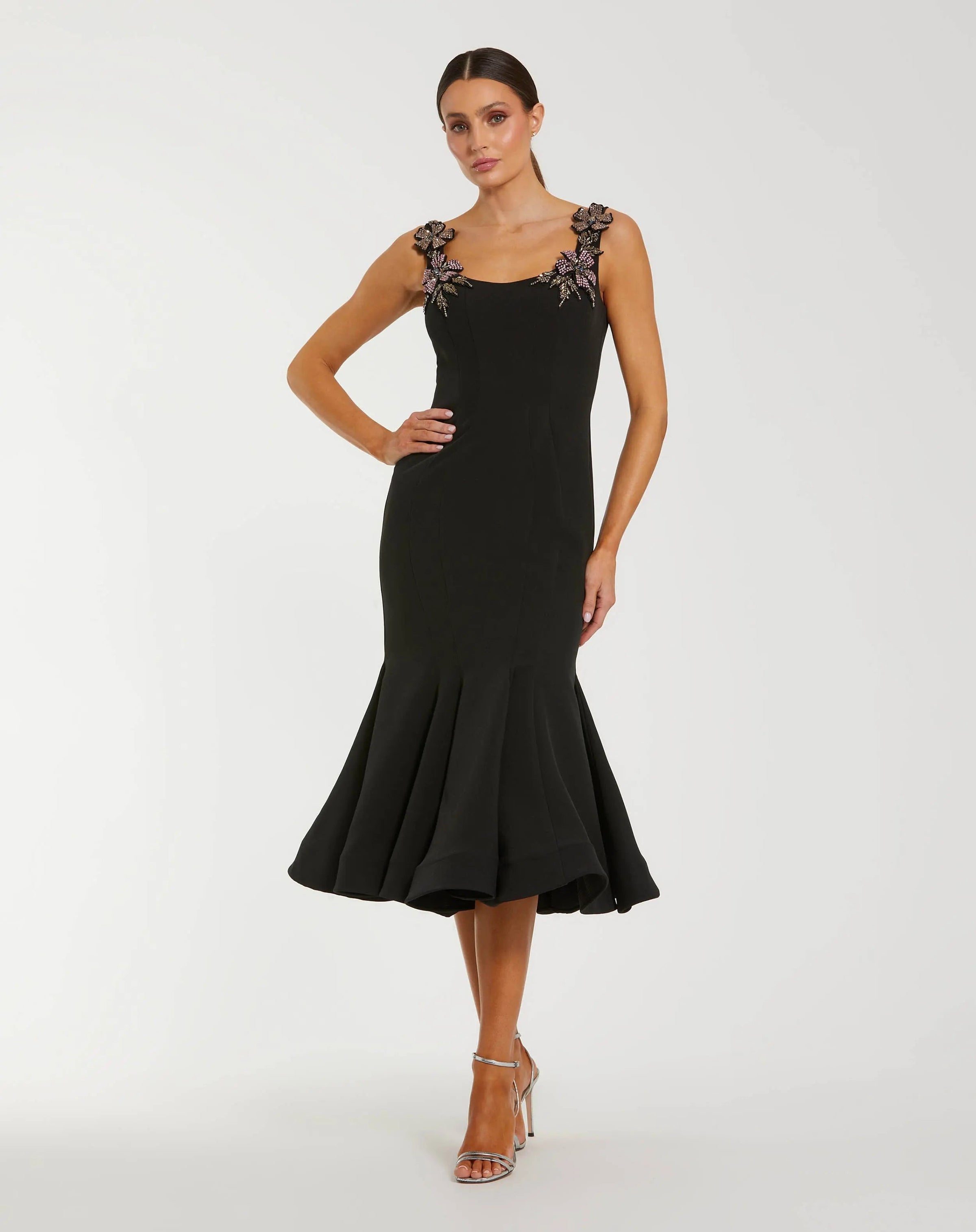 Mac Duggal #11948 black sleeveless midi dress with floral embellishments