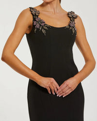 Mac Duggal #11948 black sleeveless midi dress with floral embellishments