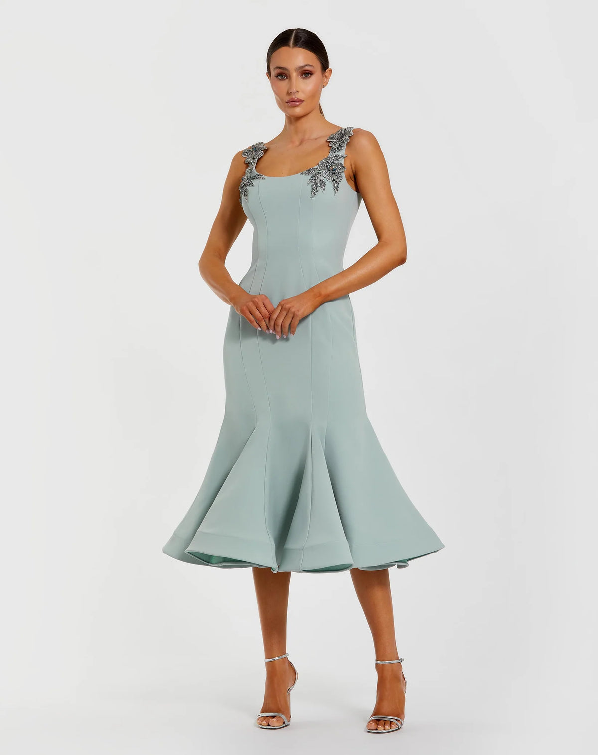 Mac Duggal Green Sleeveless Midi Dress With Floral Embellishments #11948 Shaide Boutique Mac Duggal Green Sleeveless Midi Dress With Floral Embellishments #11948 Shaide Boutique