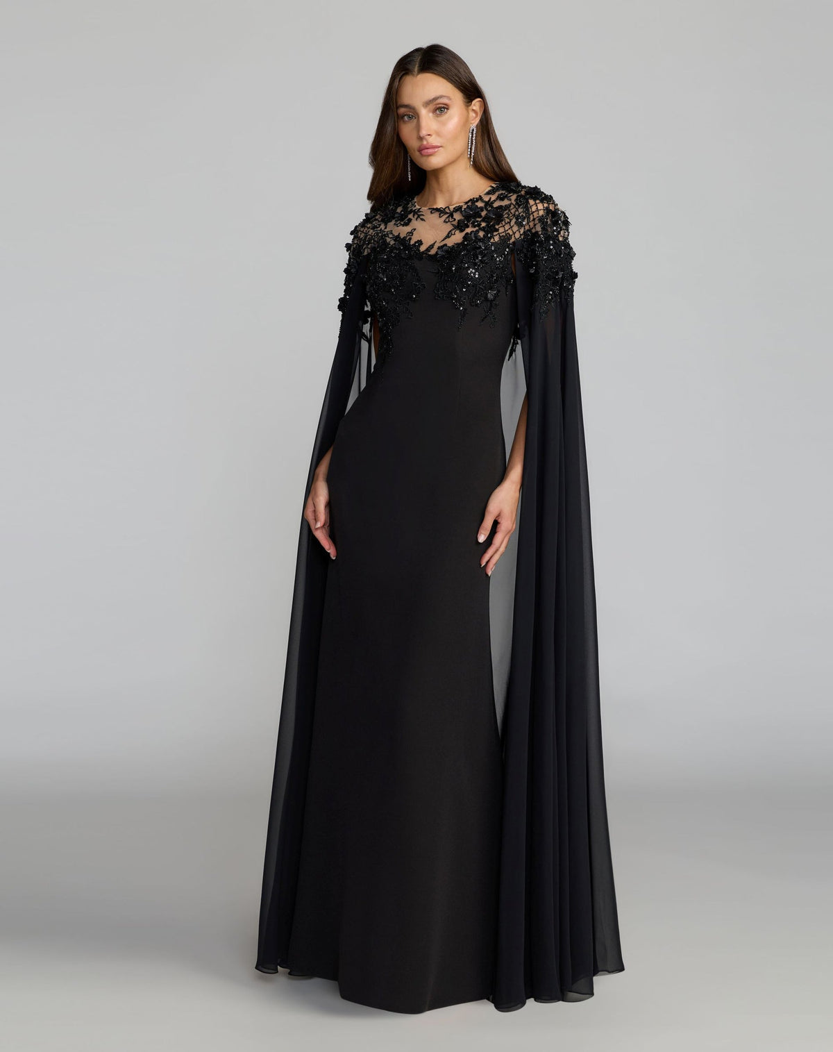 Mac Duggal Black Floral Embellished Crepe Gown With Chiffon Cape #11954