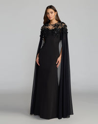 Mac Duggal Black Floral Embellished Crepe Gown With Chiffon Cape #11954