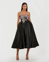Mac Duggal Black Multi One Shoulder Satin Midi Dress With Beaded Flowers #11955 