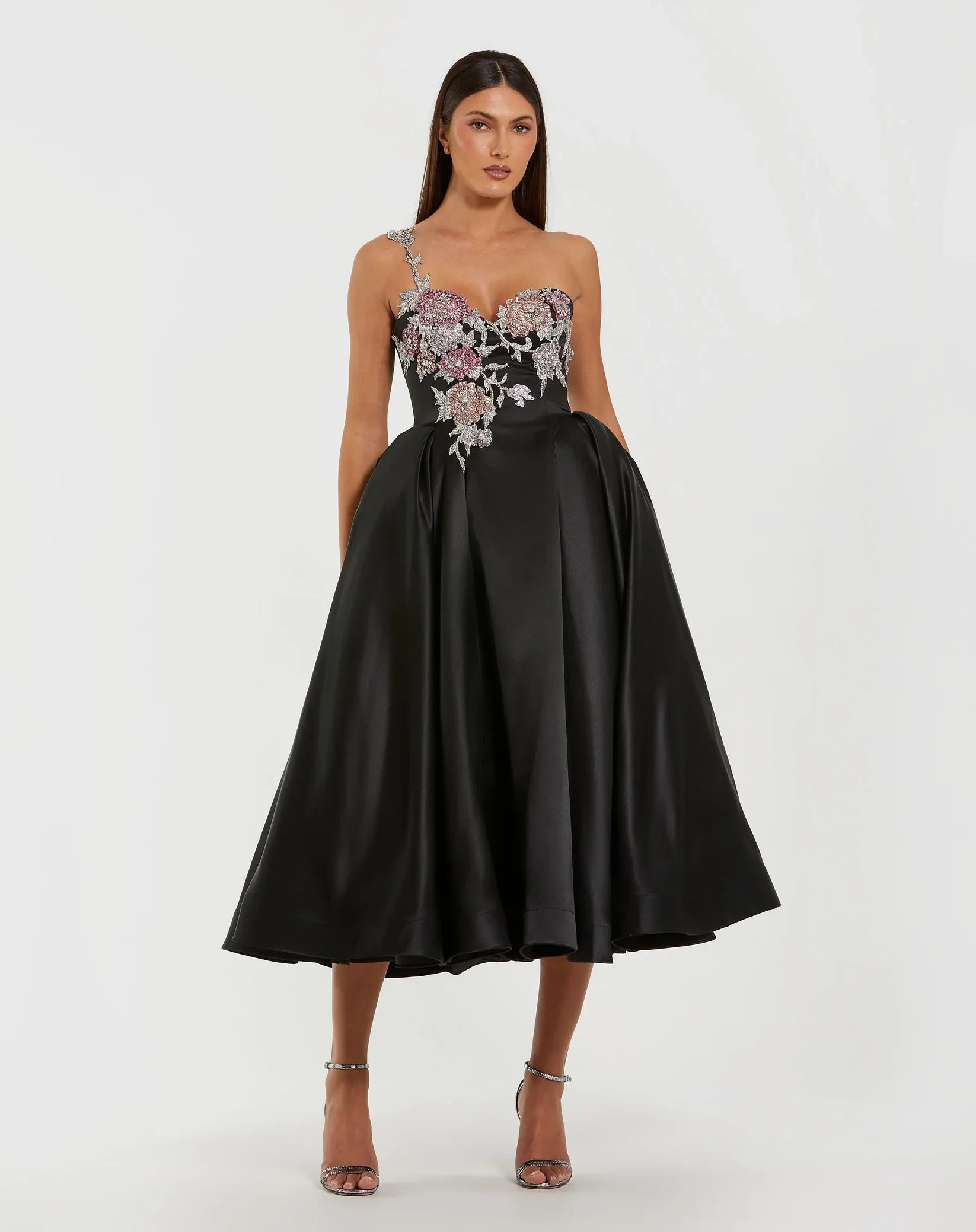 Mac Duggal Black Multi One Shoulder Satin Midi Dress With Beaded Flowers #11955 