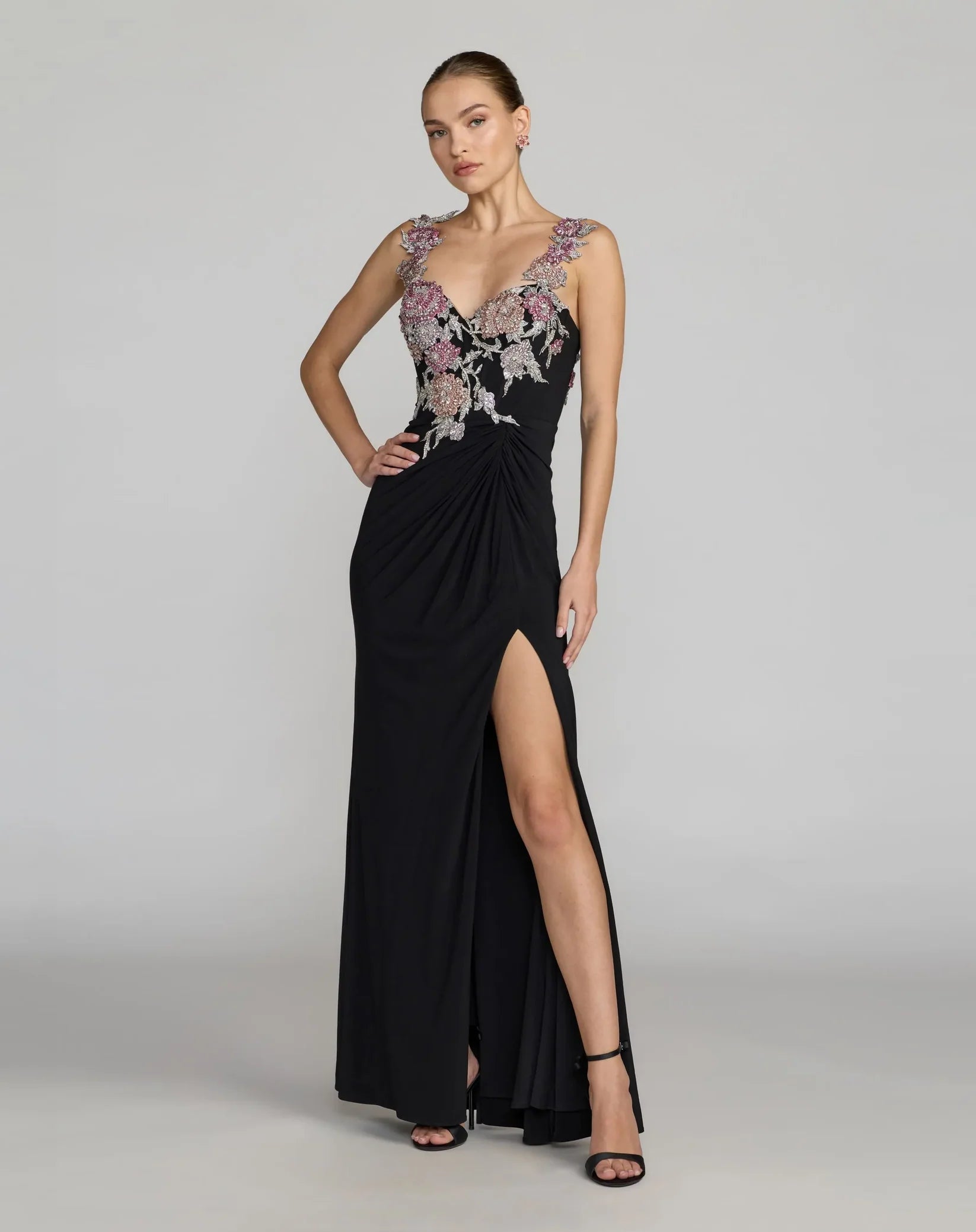 Mac Duggal Black Sweetheart Jersey Gown With Beaded Flowers #11956