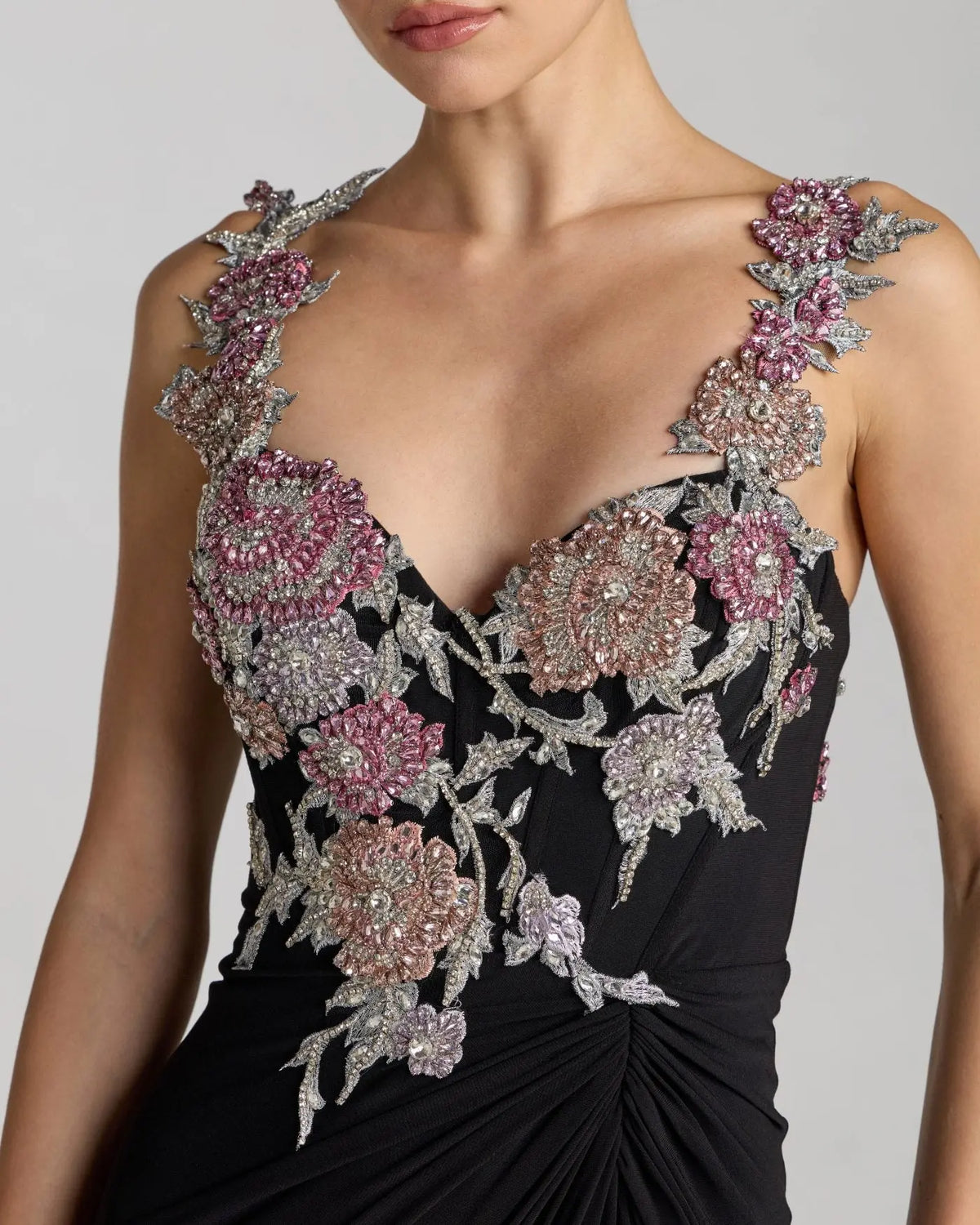 Mac Duggal Black Sweetheart Jersey Gown With Beaded Flowers #11956