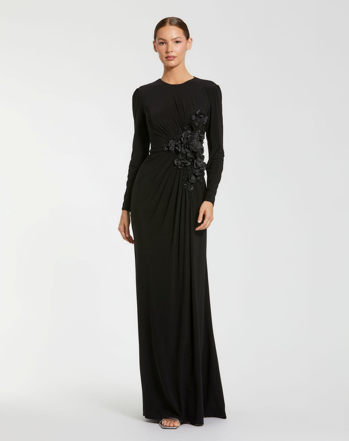 Black High Neck Long Sleeve Beaded Jersey Gown