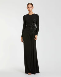 Black High Neck Long Sleeve Beaded Jersey Gown