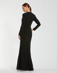 Black High Neck Long Sleeve Beaded Jersey Gown