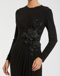 Black High Neck Long Sleeve Beaded Jersey Gown