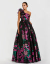 One Shoulder Floral Brocade Ball Gown - Black