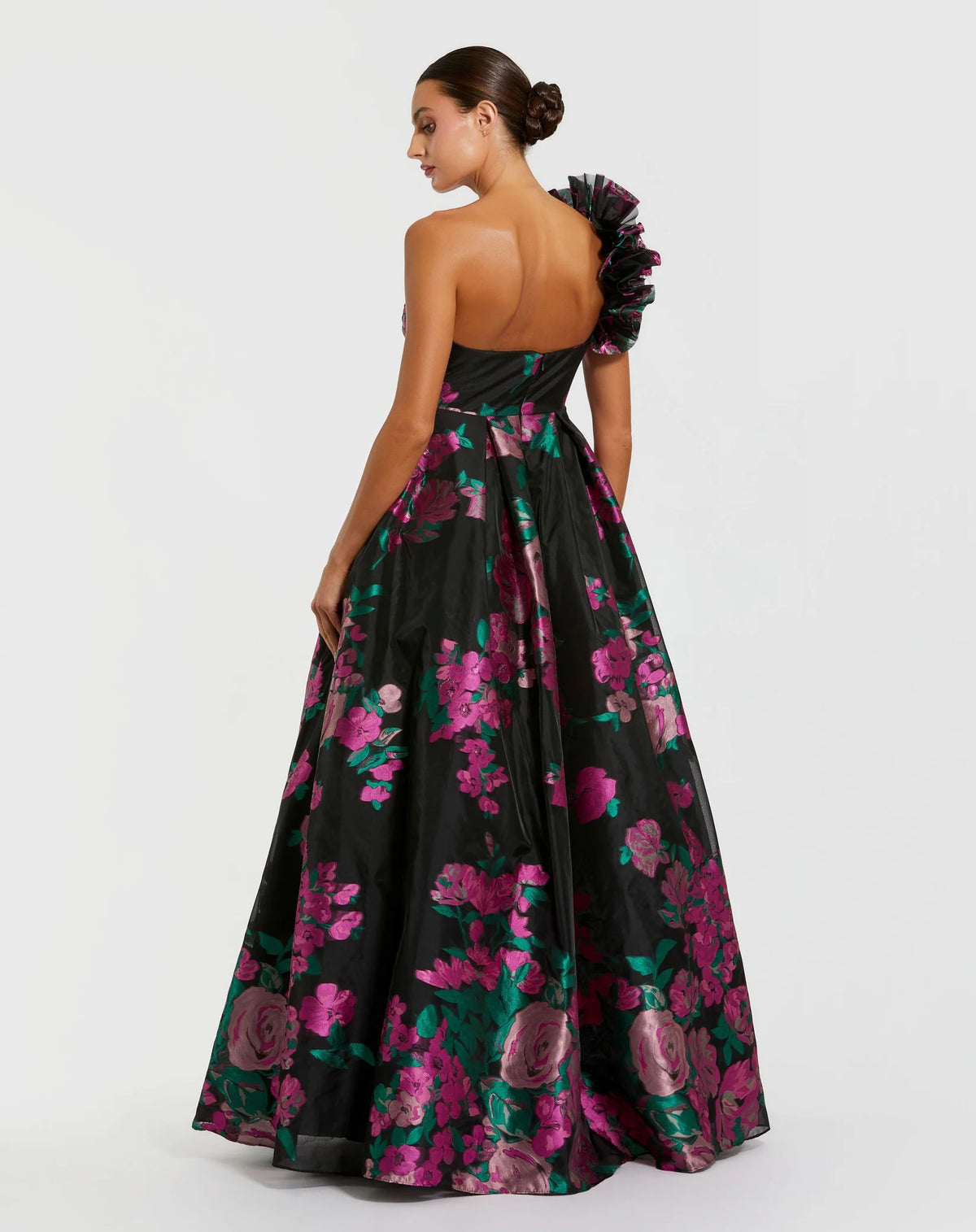 Black one shoulder floral brocade ball gown