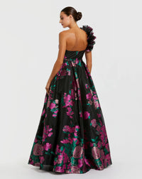 One Shoulder Floral Brocade Ball Gown - Black