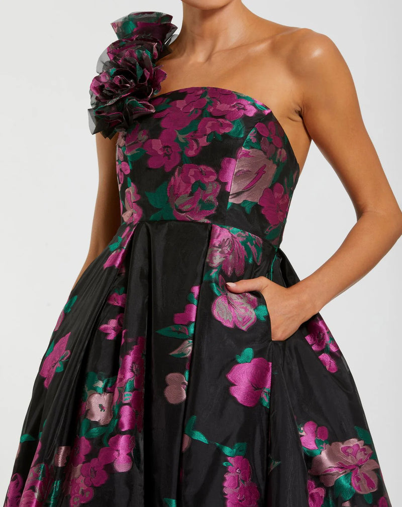 One Shoulder Floral Brocade Ball Gown - Black