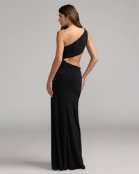 Mac Duggal #11972 black one shoulder 3D floral jersey gown