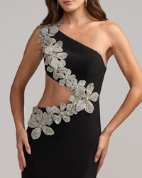 Mac Duggal #11972 black one shoulder 3D floral jersey gown