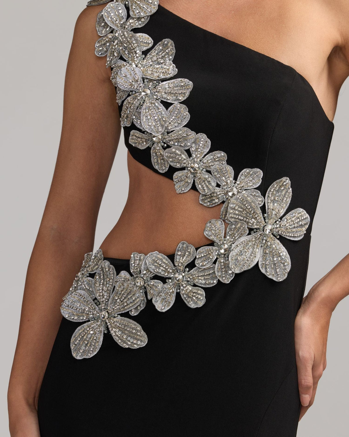 Mac Duggal #11972 black one shoulder 3D floral jersey gown