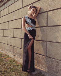 Mac Duggal #11972 black one shoulder 3D floral jersey gown