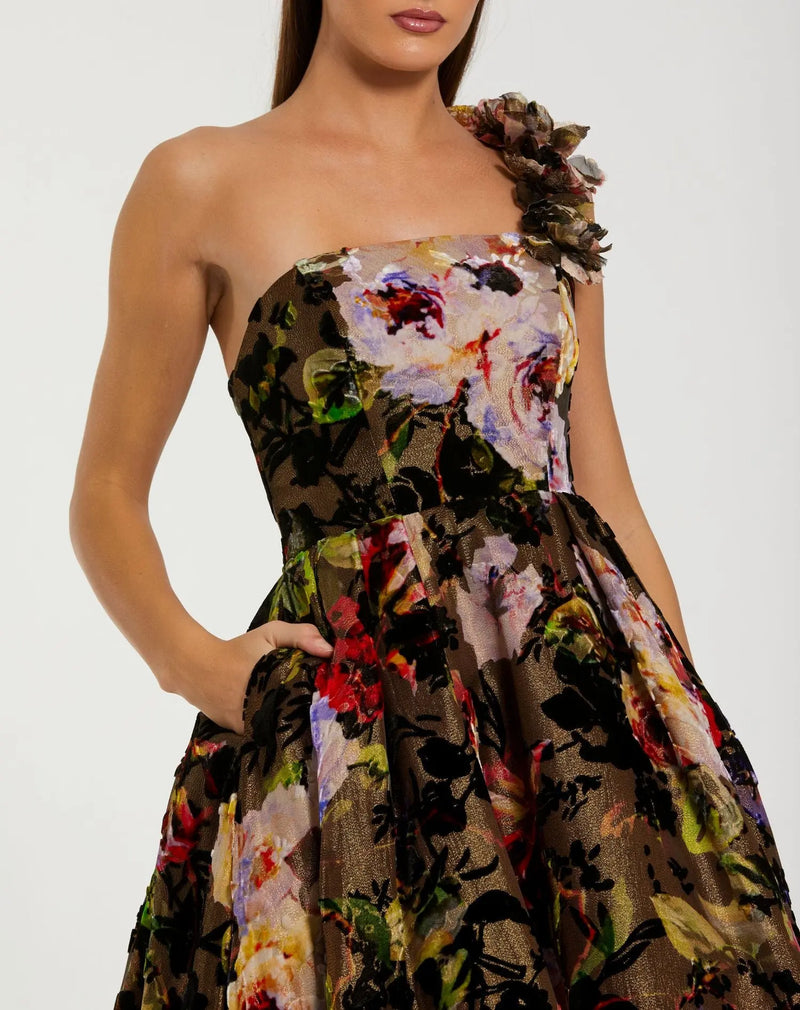One Shoulder Floral Velvet Ballgown - Black