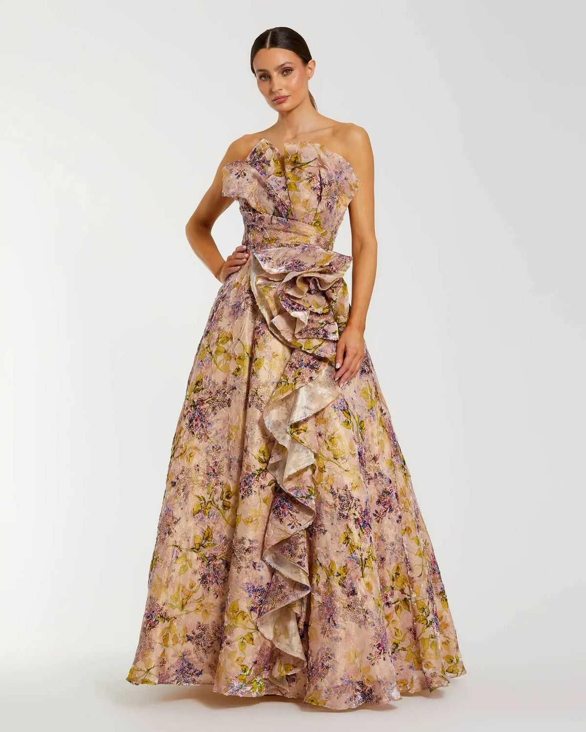 Mac Duggal Strapless Pink Velvet Floral Ball Gown with 3D Rosette Blush Multi #11980