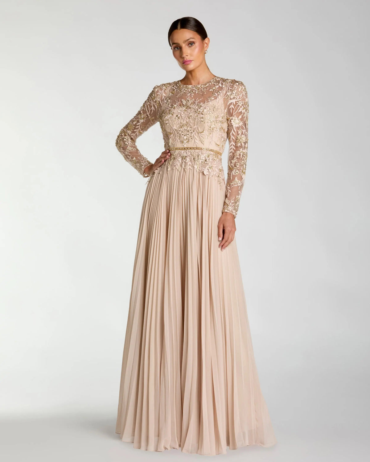 Beige Long Sleeve Chiffon Embellished Gown