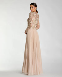Beige Long Sleeve Chiffon Embellished Gown - Back
