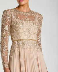 Beige Long Sleeve Chiffon Embellished Gown - Close Up