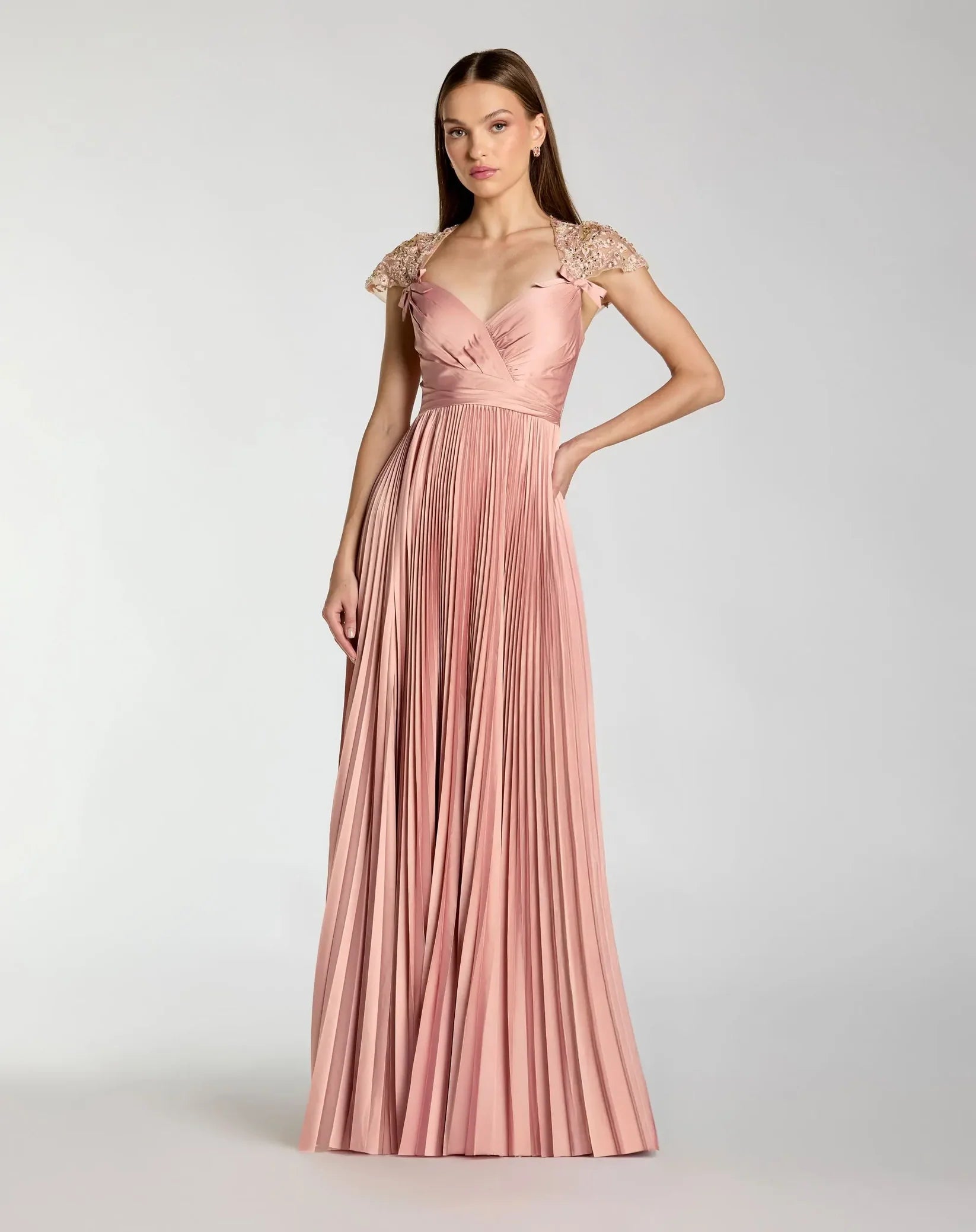 Mac Duggal Pink Pleated Charmeuse Embellished Cap Sleeve Gown #11987 Rose Romantic