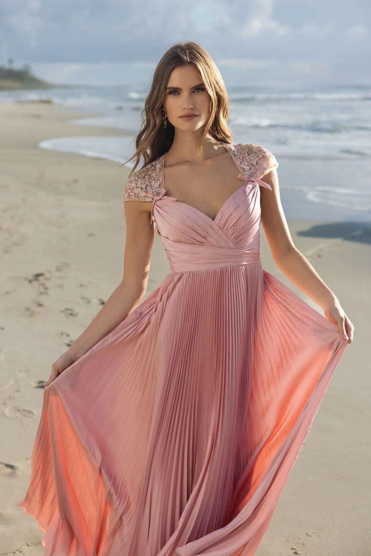 Mac Duggal Pink Pleated Charmeuse Embellished Cap Sleeve Gown #11987 Rose Romantic