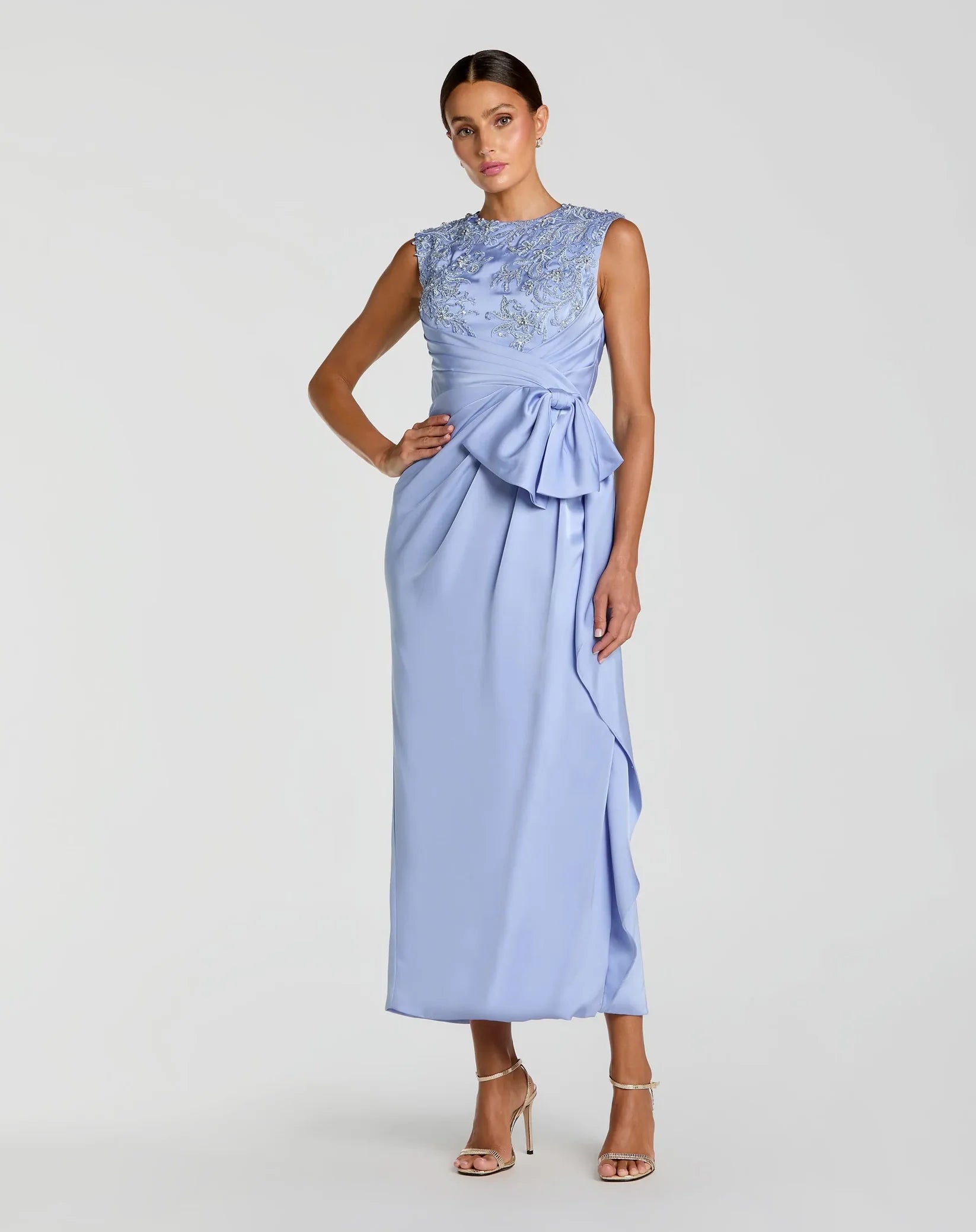 Mac Duggal Powder Blue Sleeveless Satin Beaded Ankle Dress Bow #11989