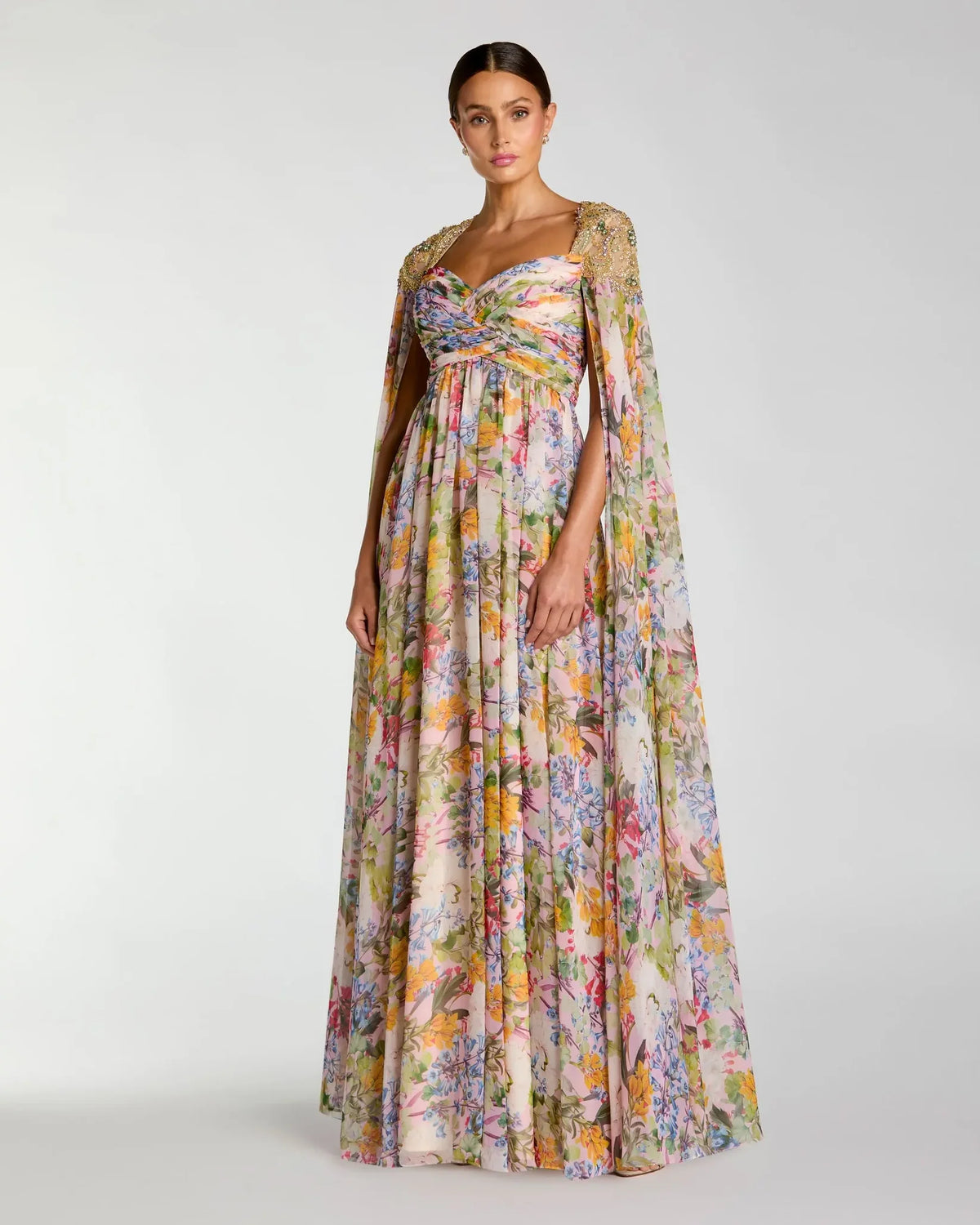Mac Duggal Multicolor Floral Gown With Beaded Cape Sleeves #11990 Pastel Multi