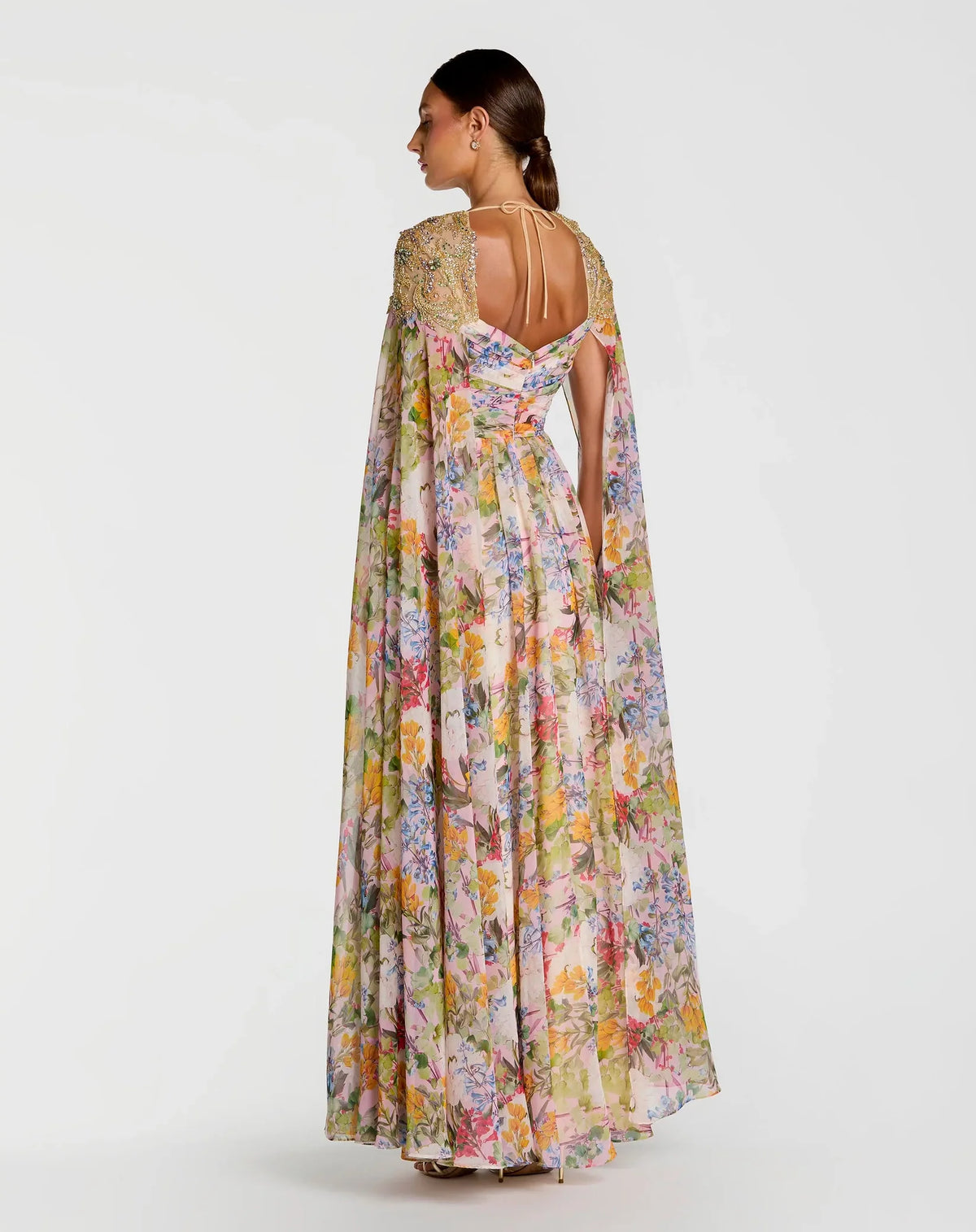 Mac Duggal Multicolor Floral Gown With Beaded Cape Sleeves #11990 Pastel Multi